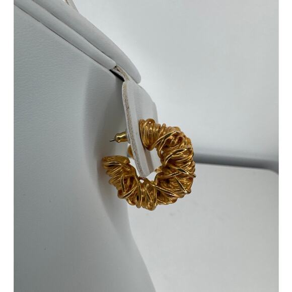 Vintage 1980s–1990s Gold Wire Wrapped Croissant Hoop Earrings - Picture 3 of 10